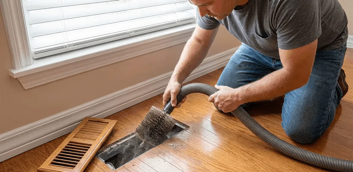 Air duct cleaning technician vacuuming a floor vent and duct opening in Bradenton, FL