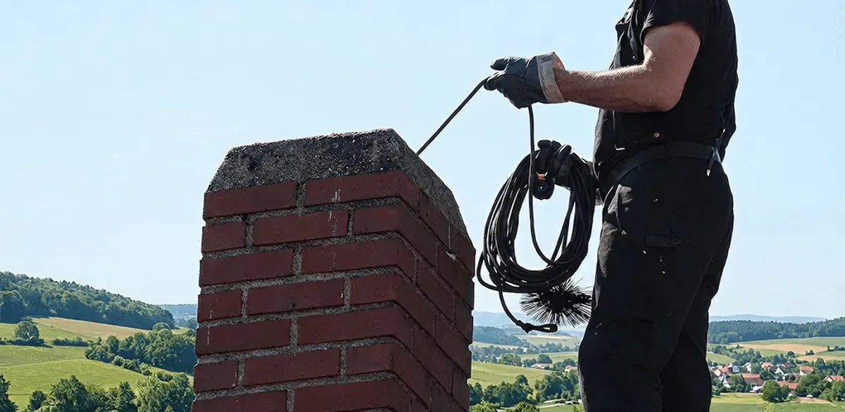 Chimney sweep inspecting and cleaning a rooftop chimney in Bradenton, FL
