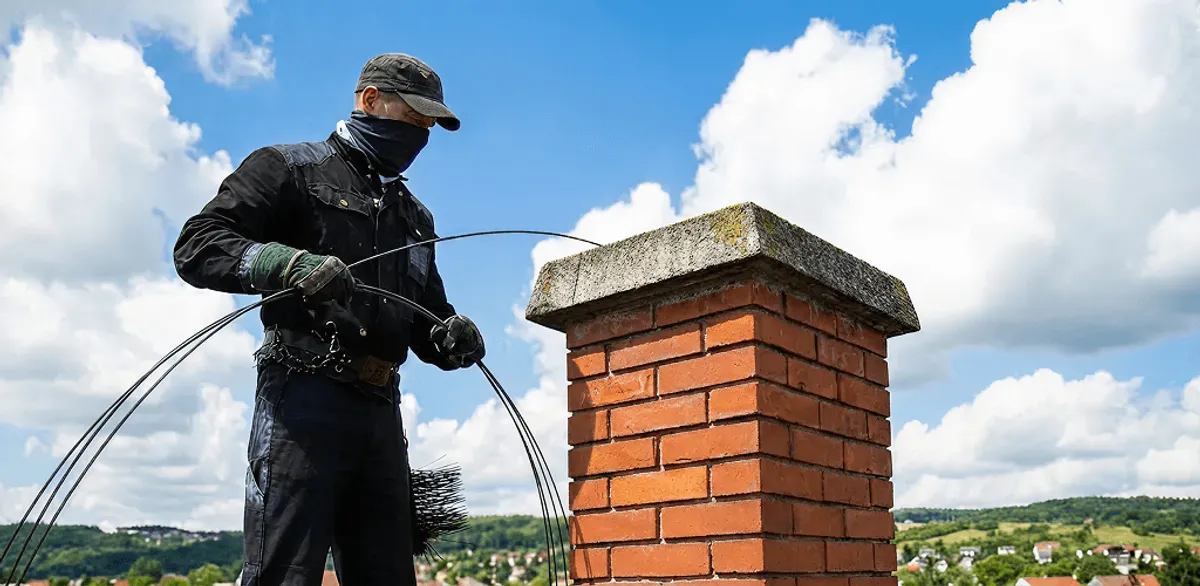 Chimney sweep cleaning a brick chimney with professional tools in Bradenton, FL
